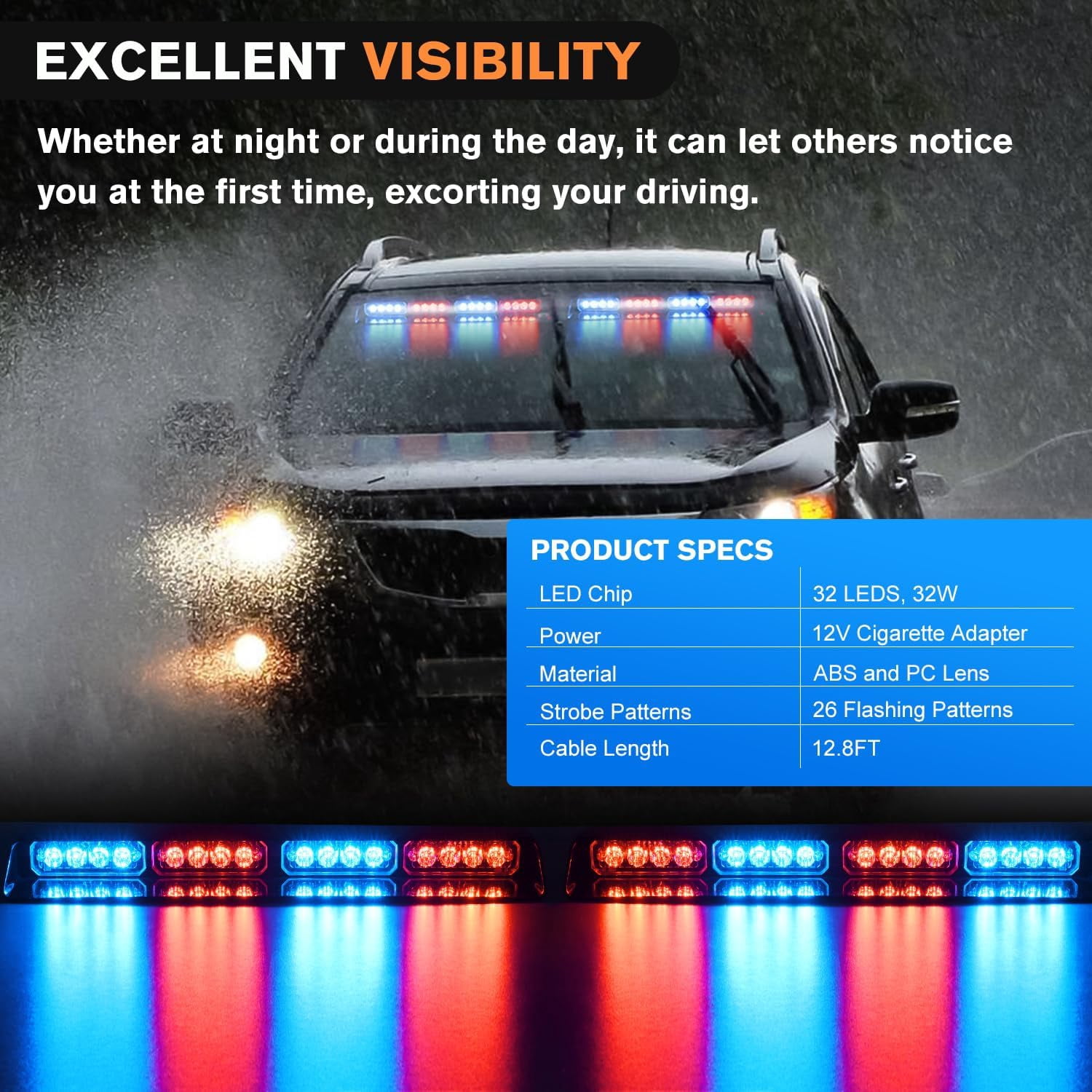 Nilight 32Led Red Blue Emergency Dash Strobe Lights  Warning Hazard Interior Front/Rear Windshield Deck Split Light Bar