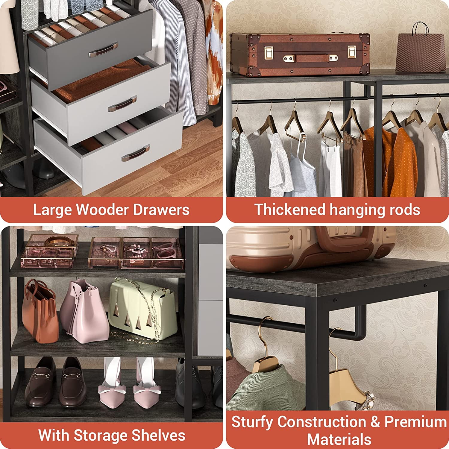 Homieaay Large Closet System, Heavy Duty Clothes Rack with 3 Wood Drawers, Walk in Closet Organizer with 11 Shelves for Checkroom, Bedroom, 74 inch L