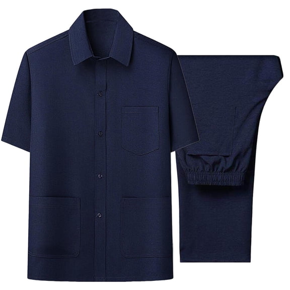 Jessboyy Mens 2 Piece Button Down Shirts and Pants Sets Casual Going Out Spring Outfits Solid Color Travel Vacation Set Trendy Clothing Set Navy,S