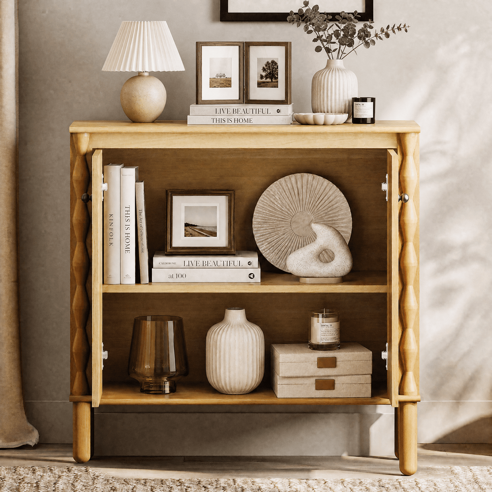 Modern TV Stand Console Table with Adjustable Shelf & Soft-Close Doors，Oak