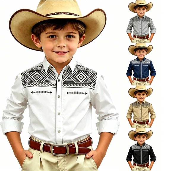 Gunia Boys Western Cowboy Shirts Children Fashion Chest Print Casual Large Sized Long Sleeved Collar Shirt Boys T-Shirts White 8-9 Years