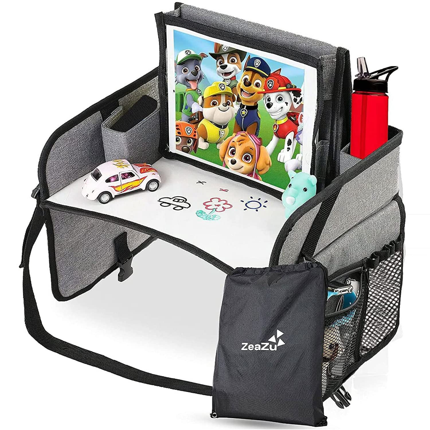 ZeaZu Kids Travel Tray with Bag Foldable Toddler Car Seat Tray 17.5D x 12.5W x 2H inch, Silver