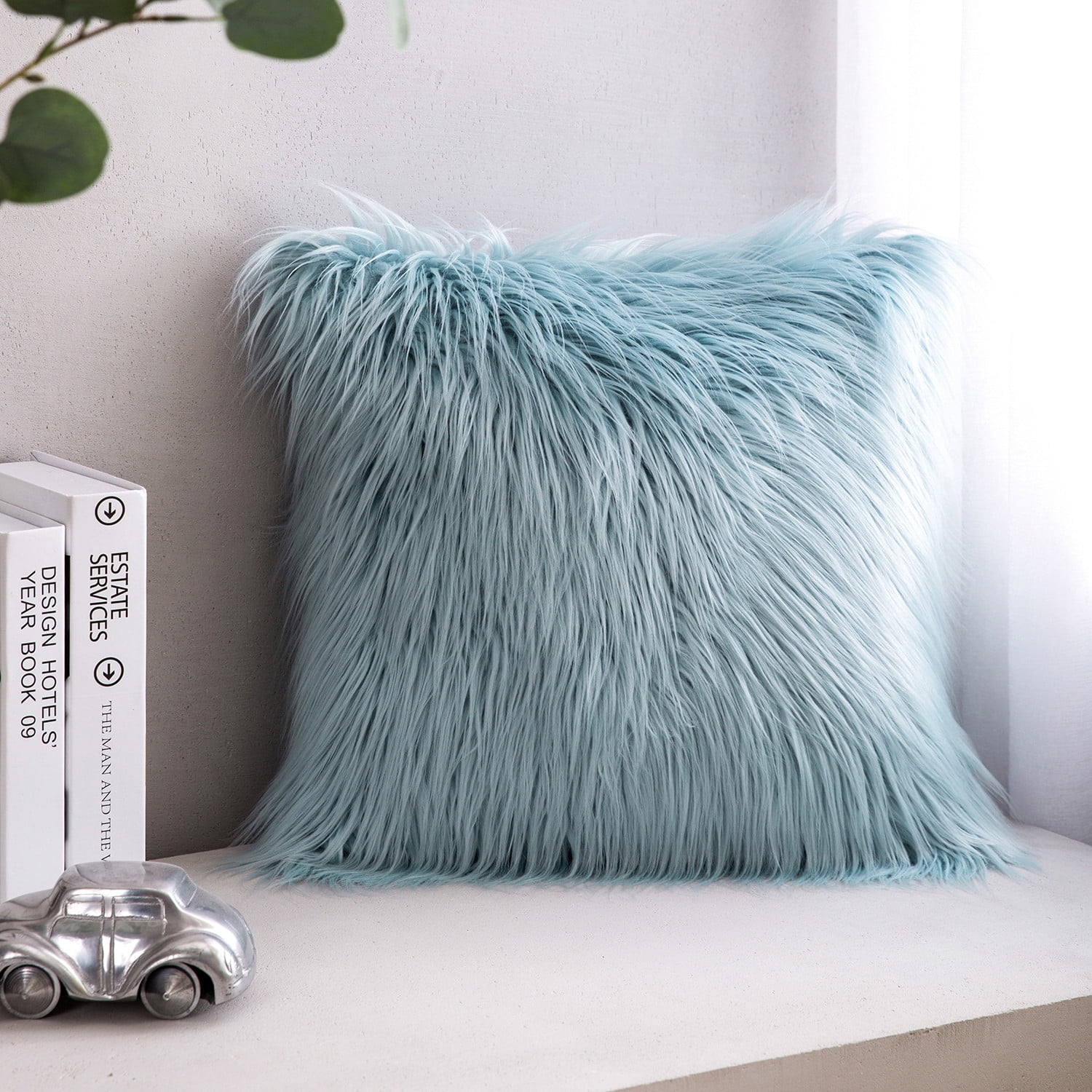 Phantoscope Designer's Choice Decorative Throw Pillow Set, Fluffy Faux Fur & Quilted Velvet Bundle, for Sofa Couch Bedroom, 18" x 18", Blue Fur and Pink Velvet, 2 Pack