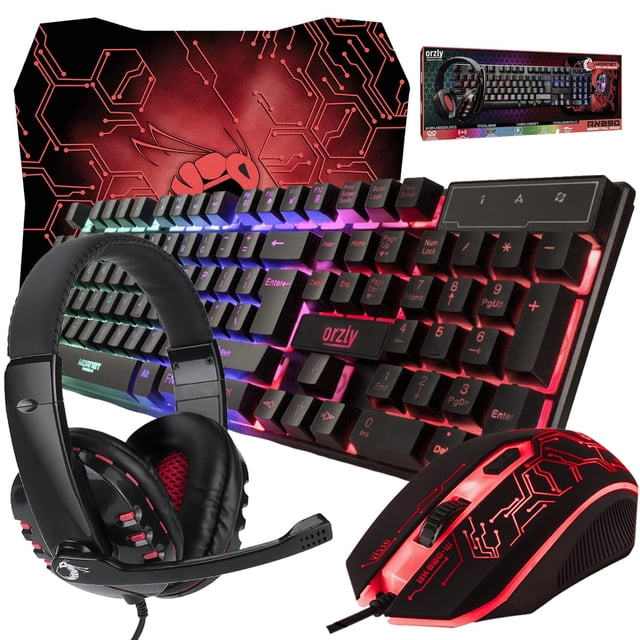 Teclado y ratón para juegos y alfombrilla de ratón y auriculares para juegos Orzly Hornet RX-250