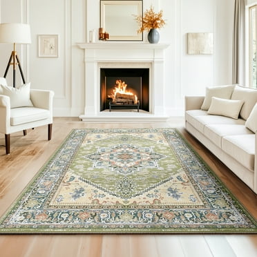 6'x9' Vintage Area Rugs,Soft Washable Distressed Thin Rugs for Living Room Bedroom,Non-Slip Foldable Indoor Carpet,Green