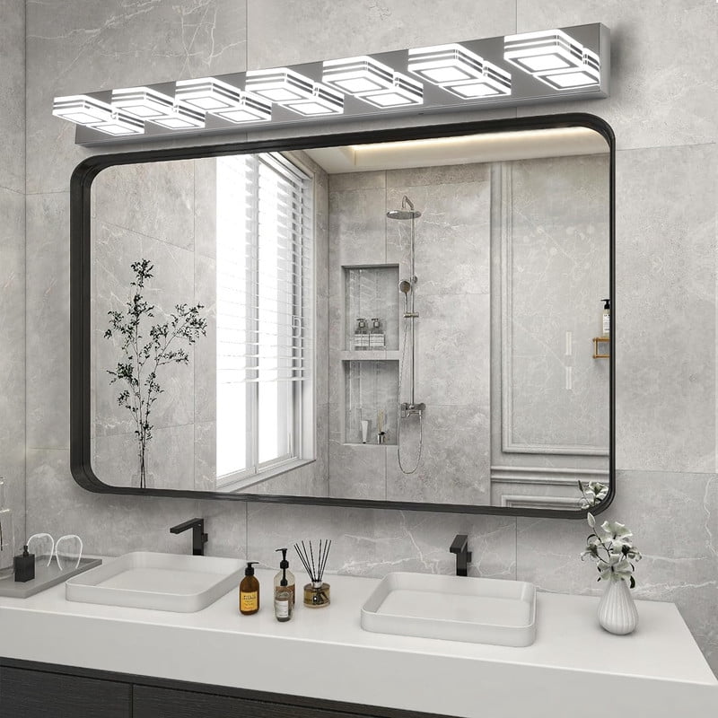 45" Modern Chrome 7-Light LED Vanity Light with Square Acrylic Shades, Hardwired Wall Mount Bathroom Lighting Fixture for Mirror, Powder Room, or Bedroom Décor