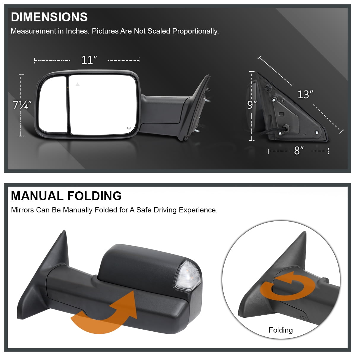 Spec-D Tuning Black Left Driver Side Power Heated Manual Fold Tow Mirror w/ Puddle Light + Blind Spot Compatible with 2019-2022 Ram 2500 3500