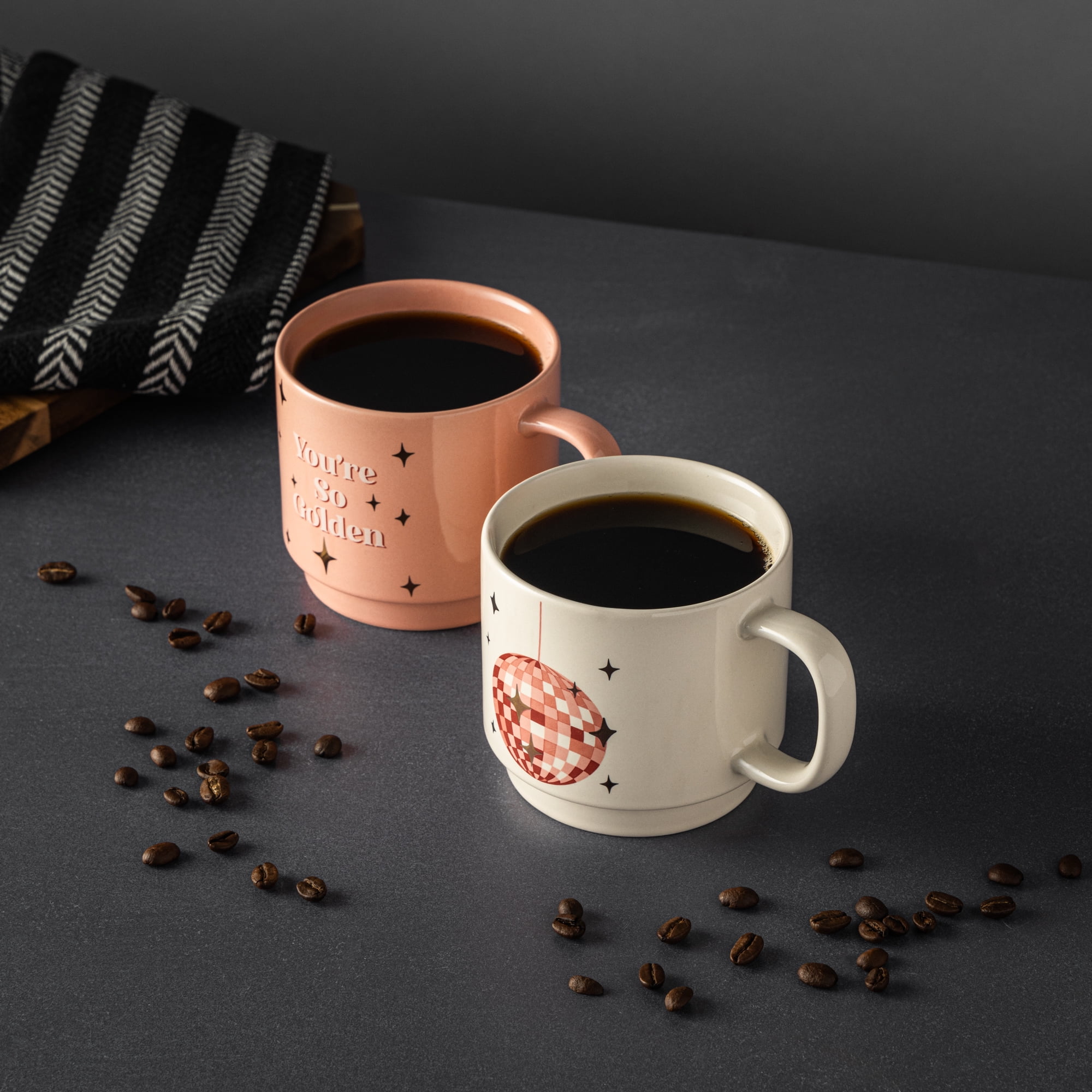 Thyme & Table 2 Pack Stacking You're So Golden Pink and Disco Ball White Mugs 14.2 fl oz, Stoneware