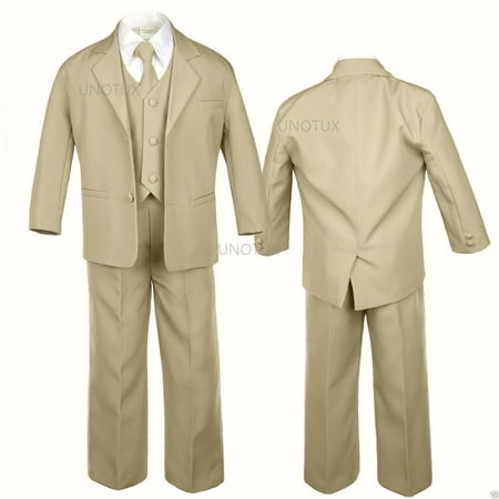 

5pc Khaki Baby Toddler Teen Boys Wedding Formal Vest Necktie Tuxedo Suits S-20