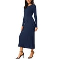 thumbnail image 4 of INSPIRE CHIC Women's Long Sleeve Sweater Dress Crewneck Ribbed Knit Pleated A-Line Midi Dresses S Dark Blue, 4 of 6