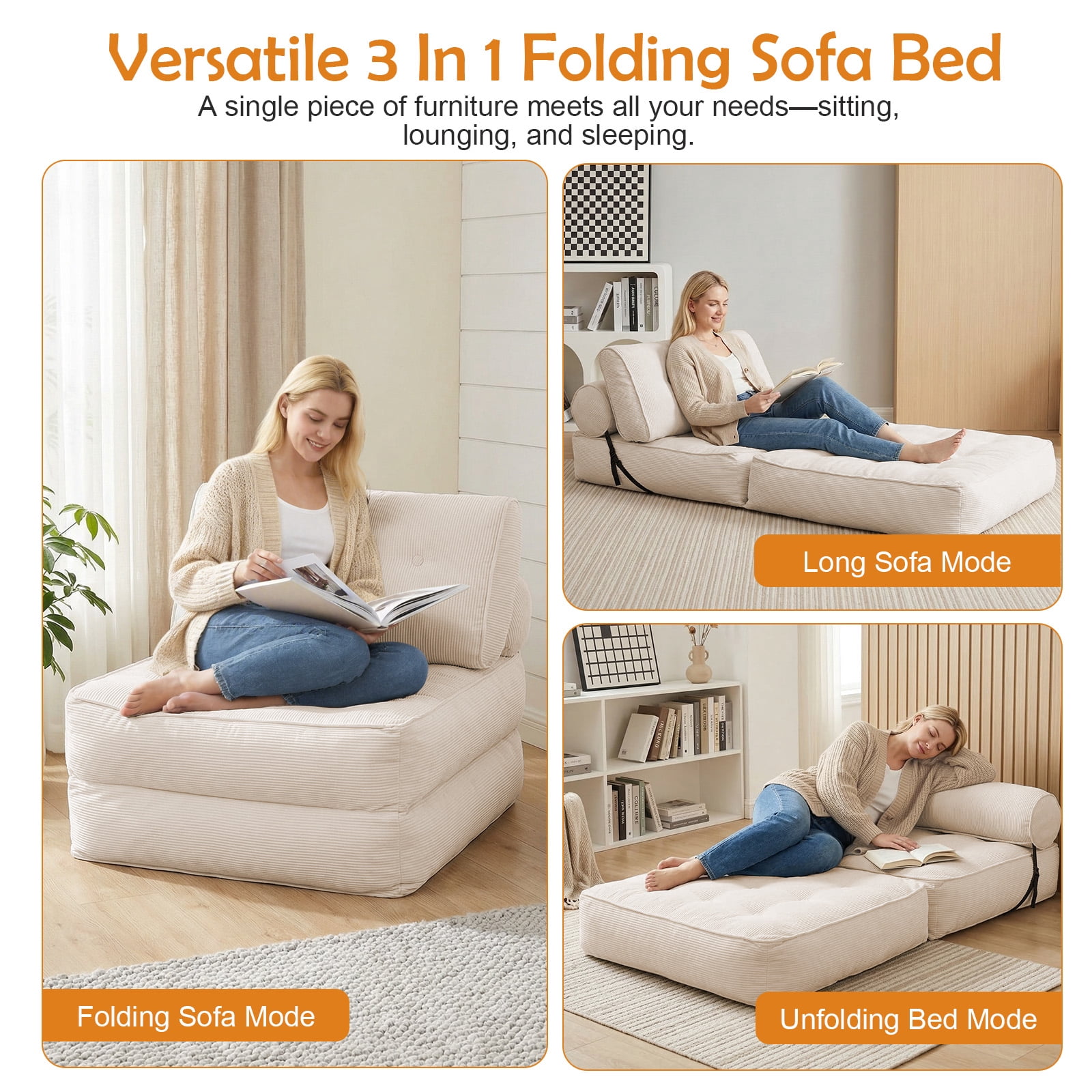 CATGOOD 78" Single Sofa Bed with Pillow, Convertible Sleeper Sofa for Small Spaces, Portable Boneless Small Couch Comfy Floor Sofa Lounge Chair for Living Room, Bedroom, Beige, White