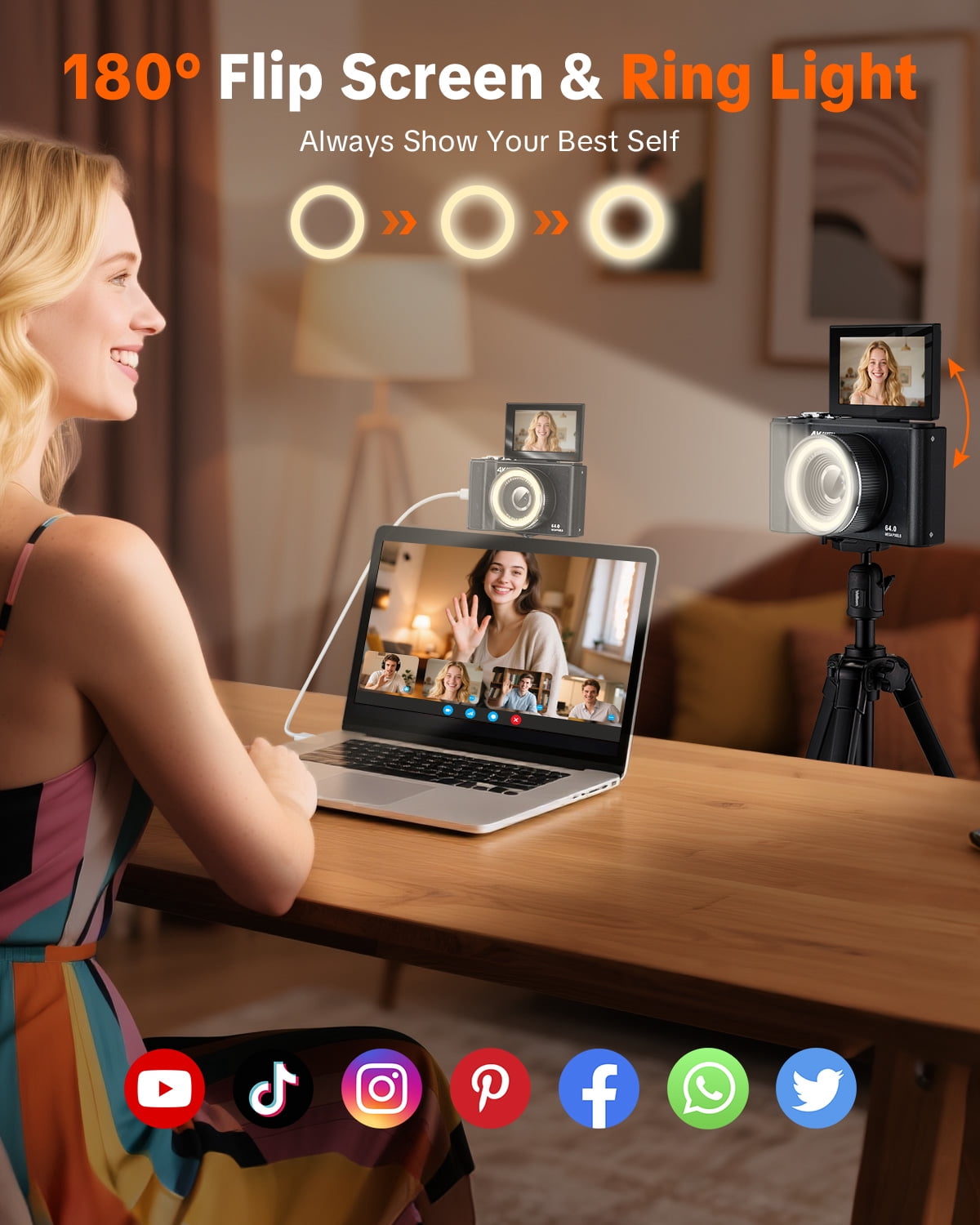 W&O Q5 4K Digital Camera, 180° Flip Screen Point and Shoot Camera with Ring Light, SD Card, Black