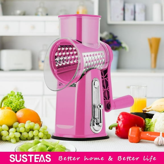 Rotary Cheese Grater with Handle - 5 Blades Vegetable Shredder & Mandoline Slicer, Strong Suction Base, Pink