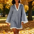 thumbnail image 4 of XuJwPNcy Womens Summer Dresses Long Sleeve Ruffle Hem Mini Dress V Neck Striped Loose Dresses Fashion Casual Outfits, 4 of 7