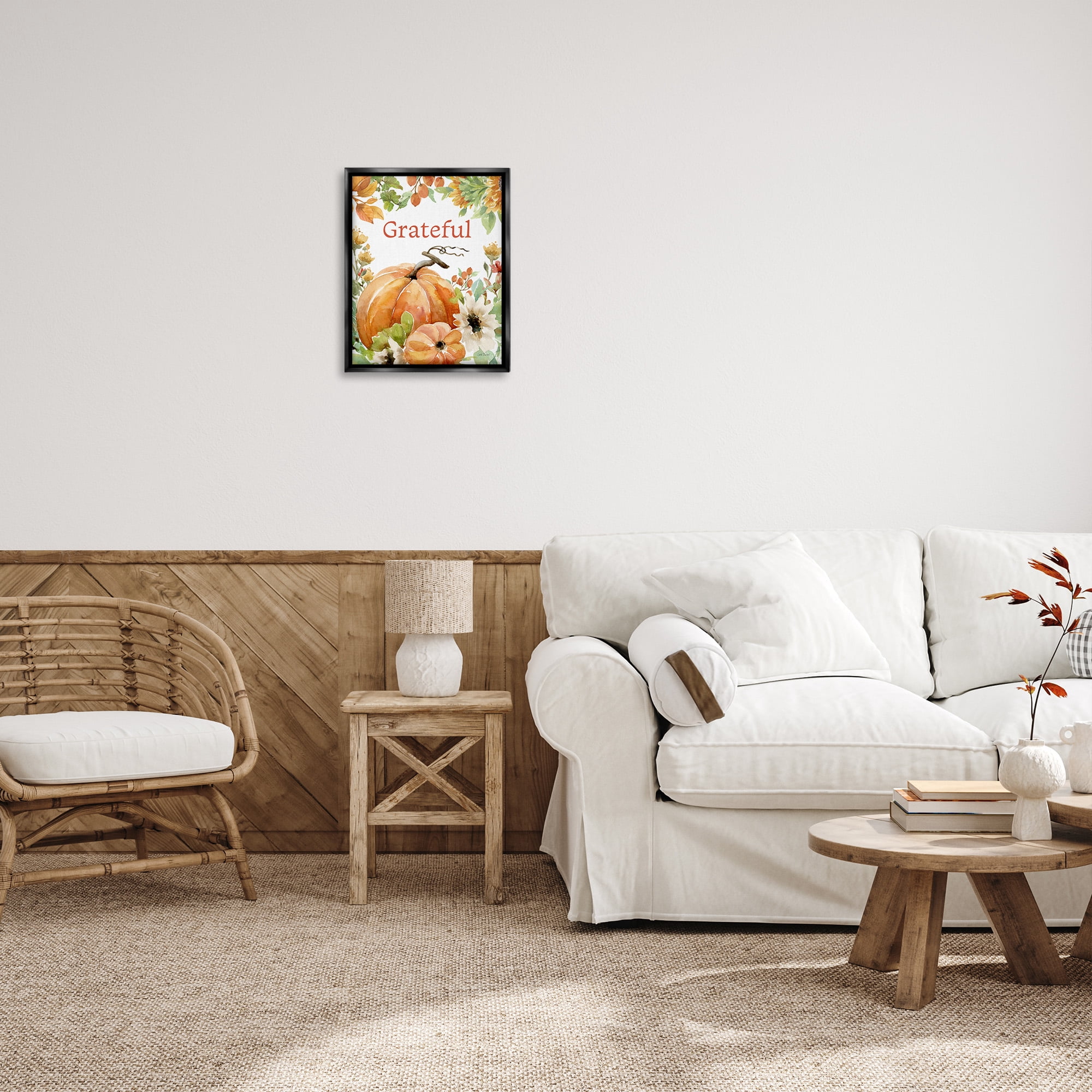 Stupell Industries Grateful Pumpkins & Flowers Holiday Painting Black Floater Framed Canvas Art Print Wall Art, 17 x 21