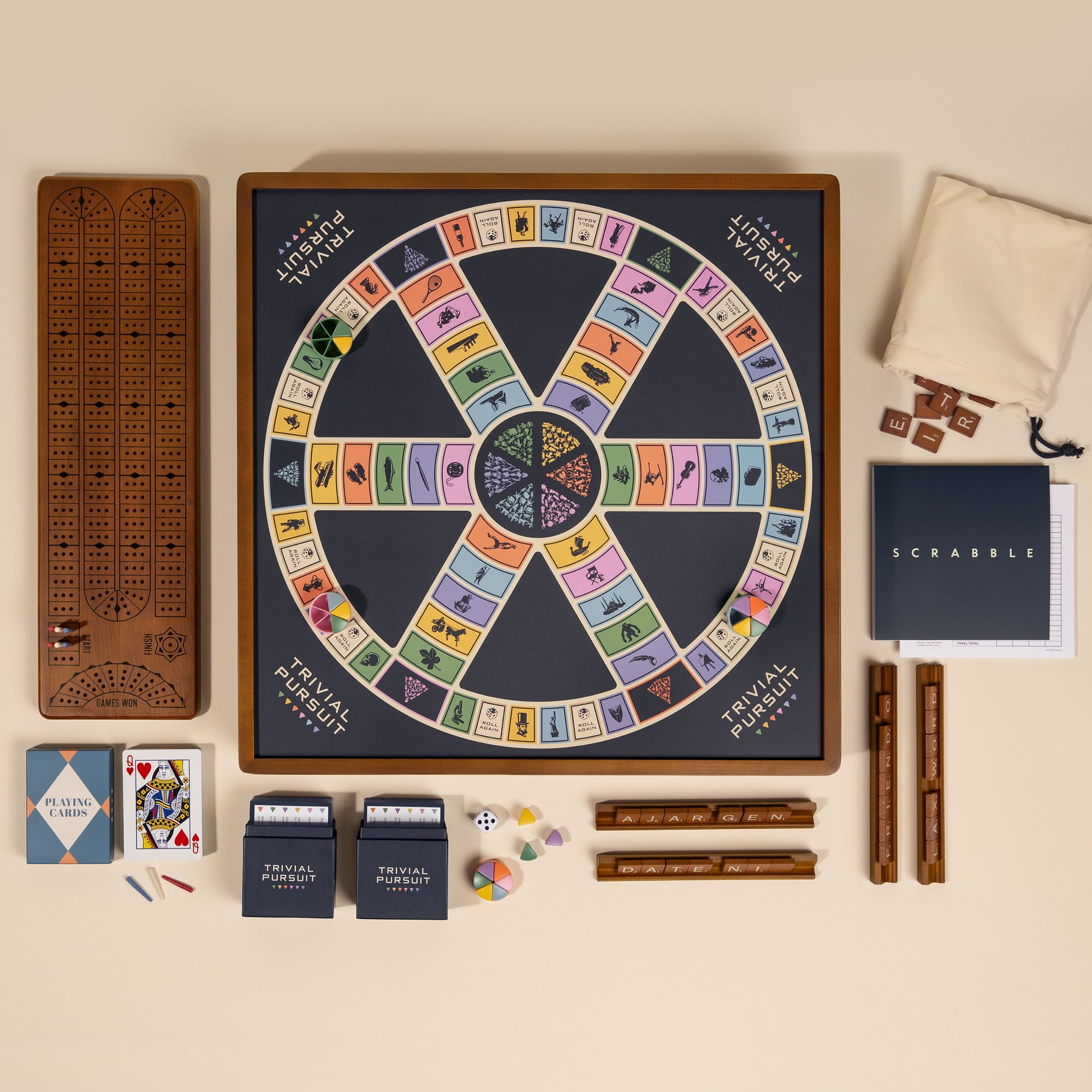 WS Game Company 3-in-1 Premium Game Collection: Scrabble, Trivial Pursuit, and Cribbage with Rotating Solid Wood Cabinet