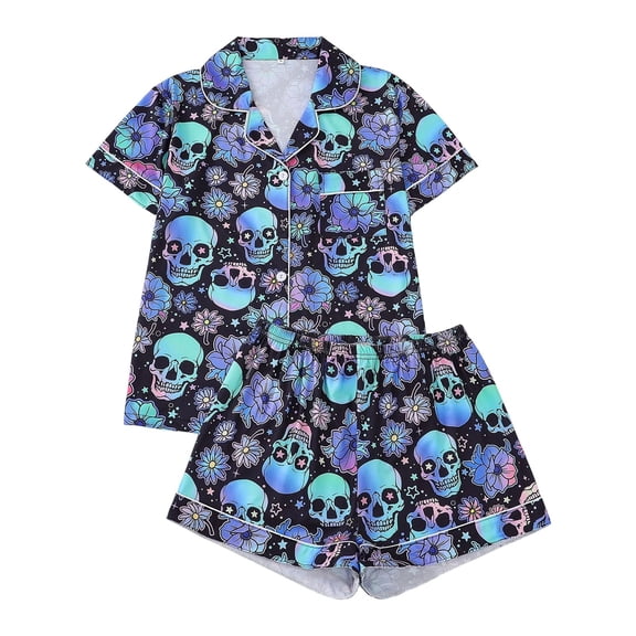 DHFJKG Halloween Pajamas Women Set Skull Print Button Down 2 Piece Pjs Short Sleeve Loungewear Set