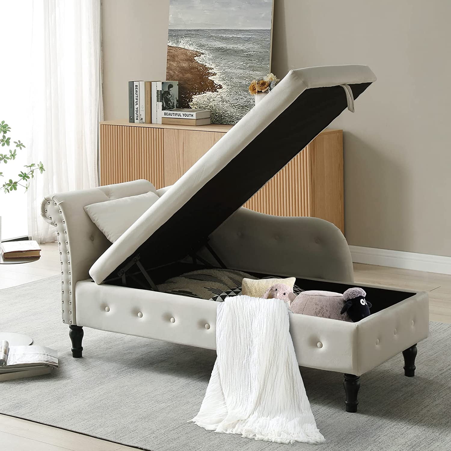 KINFFICT Velvet Chaise Lounge Indoor Chair with Pillow, Modern Storage ...