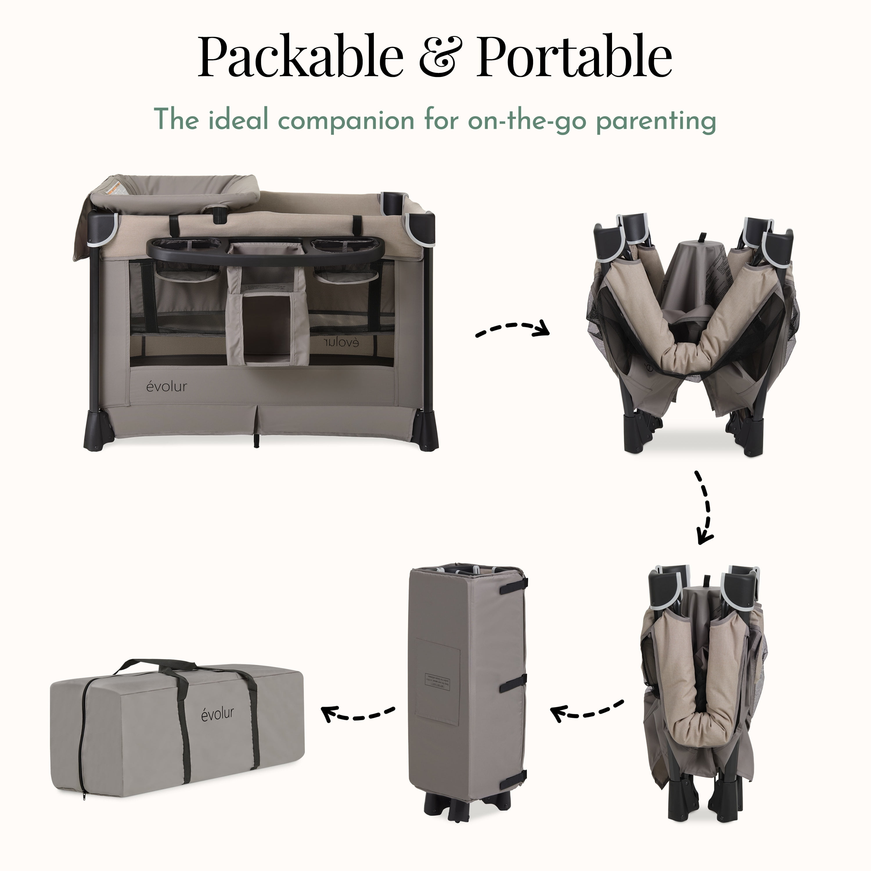 Evolur Cozy Cove All-in-One Portable Playard Beige with Bassinet & Changing Table – Quick-Fold Travel Playard with Breathable Mesh Sides, Travel Bag Included