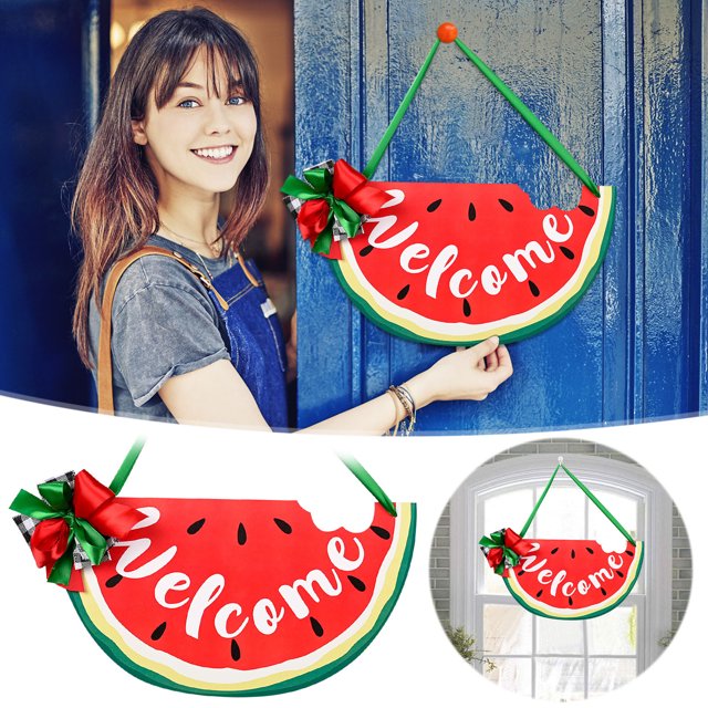 Fiudx Decoración de Puerta de Madera con Forma de Sandía, Temática de Festival de Verano, Diseño Único de Aldaba, para Uso Interior y Exterior, Encantador Letrero de Bienvenida para Jardín, Decoració