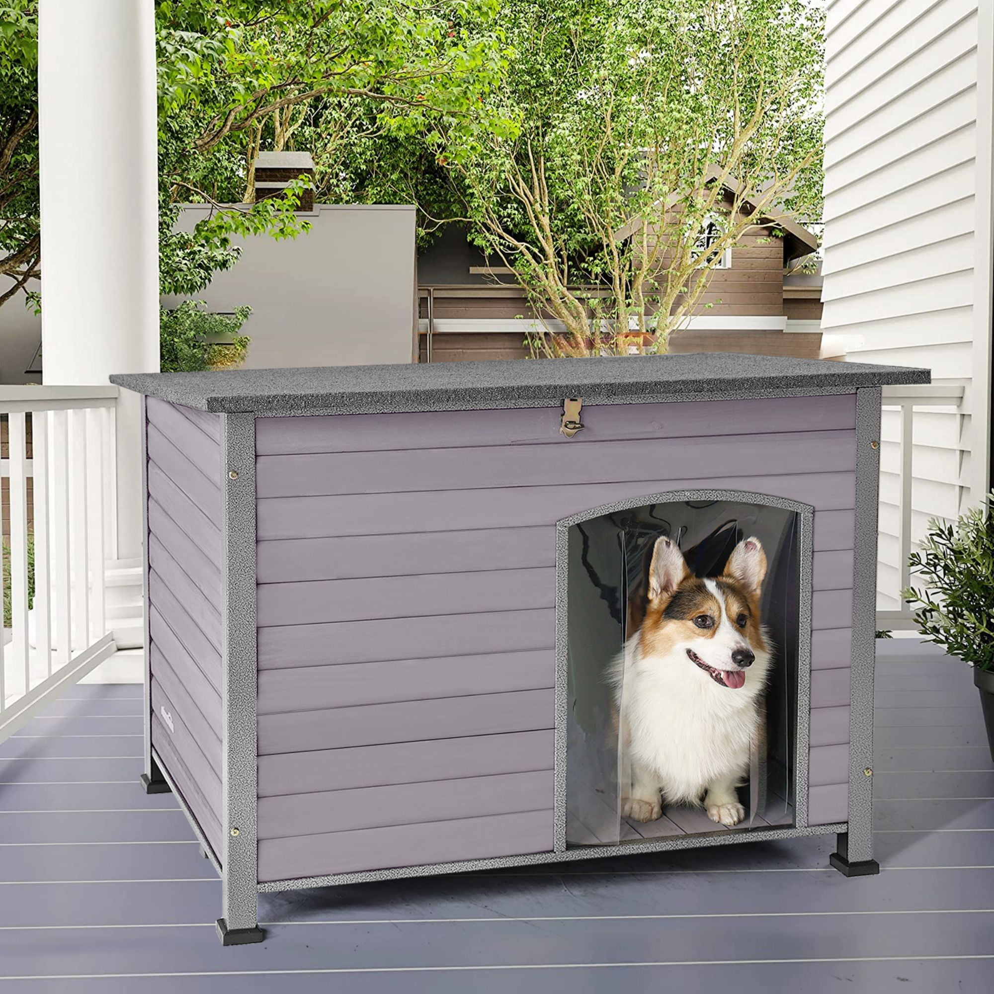 Aivituvin Wooden Dog House Anti-chewing Kennels for Outdoor & Indoor, Gray, Large