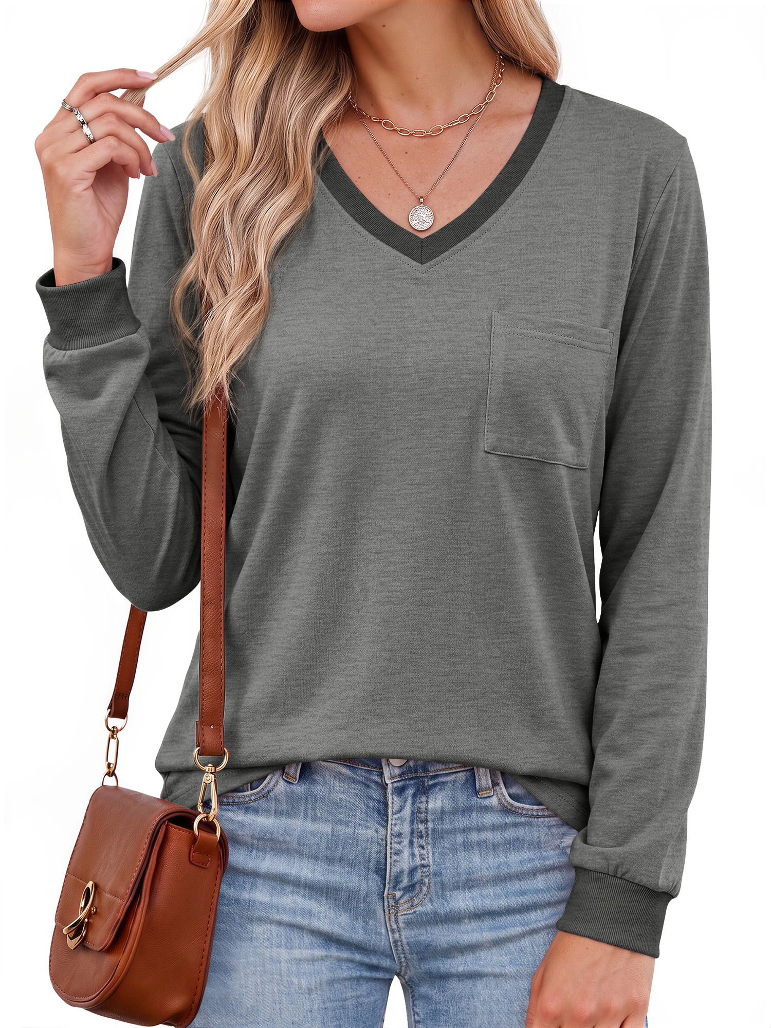 Moshu Women's V-Neck Color Block Long Sleeve Top photo 2