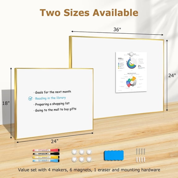 Magnetic Whiteboard, 36"x24" Gold Aluminum Frame Dry Erase White Board for Wall, Large Wipe Board with 6 Magnets, 4 Markers & 1 Eraser for Home and Office
