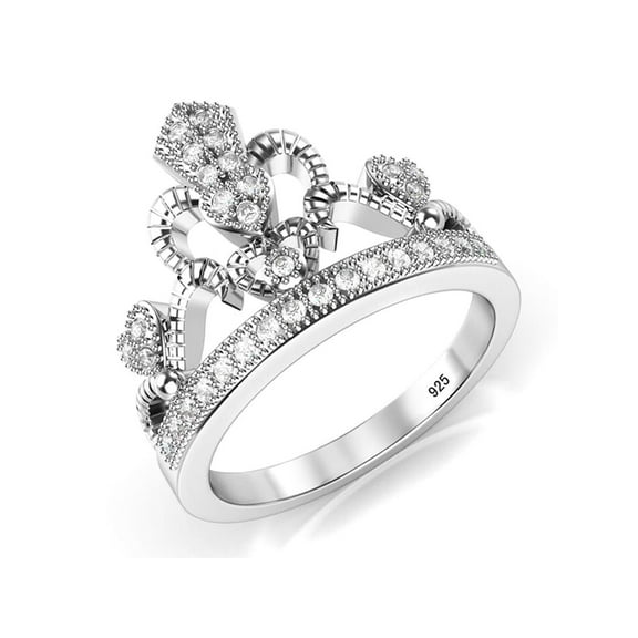 925 Sterling Silver Cubic Zirconia Princess Heart Crown Tiara CZ Band Ring Sz 7
