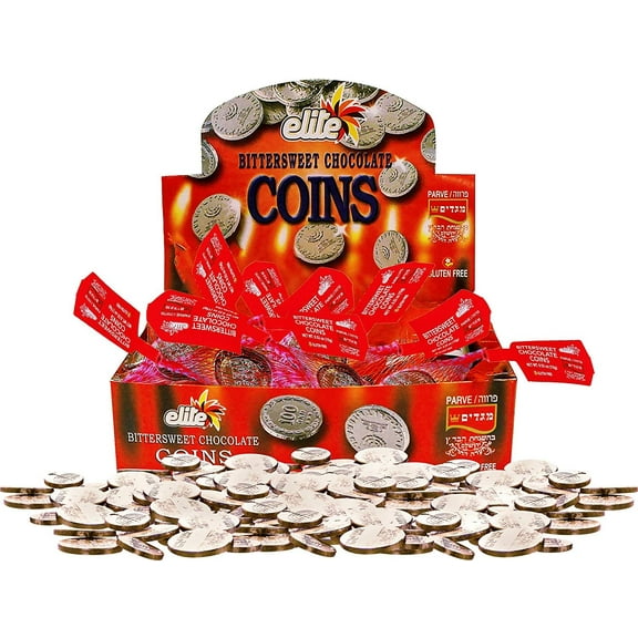 Elite Hanukkah Chocolate Coins - Box 24 Sacks, Flavor: Bittersweet, 0.53 Oz (Pack of 24)