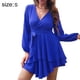thumbnail image 2 of Laklulu Vestido de Mujer con Cuello en V Profundo y Manga Larga con Lazo en la Cintura y Volantes Mini Vestidos Skater con Swing - Azul,Azul,S, 2 of 6