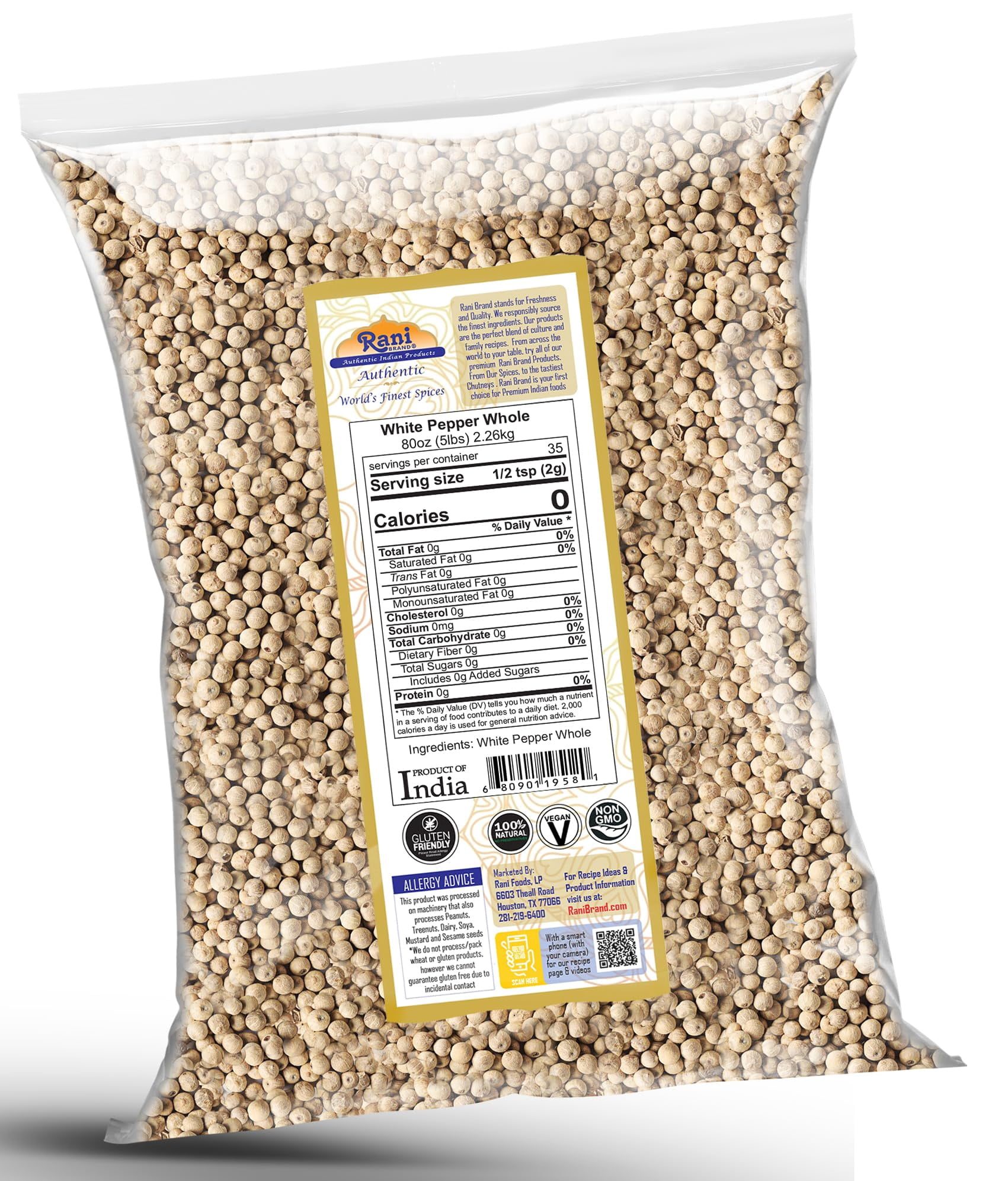 Rani White Pepper (Gol Mirch), Whole Spice 80oz (5lbs) 2.27kg Bulk ~ All Natural | Vegan | Gluten Friendly| NON-GMO | Kosher | Indian Origin