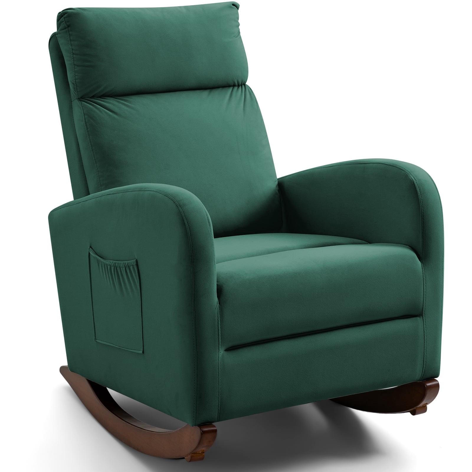 Homhum Mid-Century Nursery Rocking Chair, Upholstered Velvet High Back Arm Chair, Green