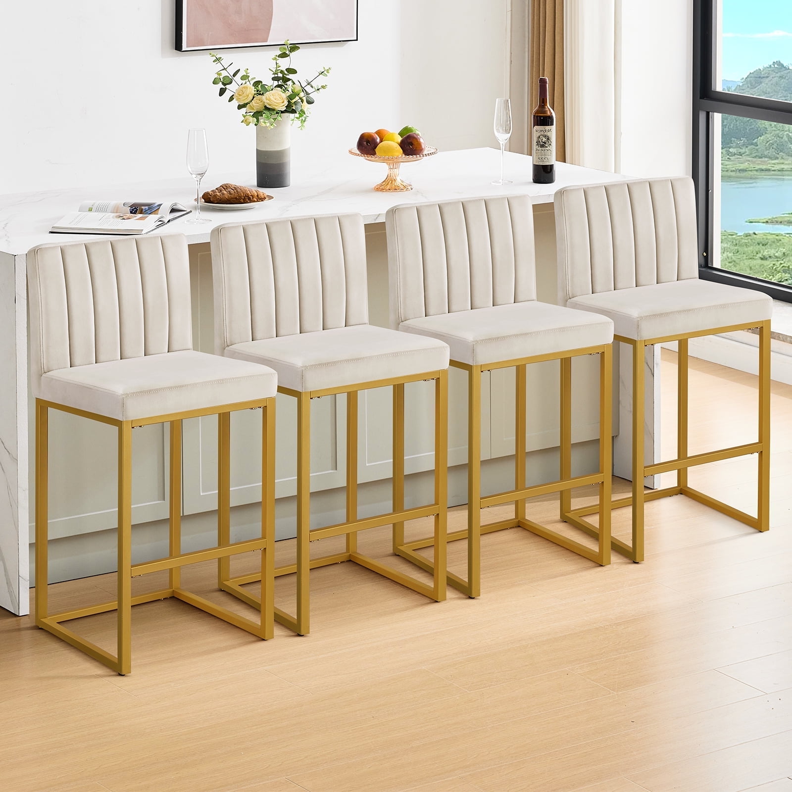 27 Inch Bar Stool, Velvet Counter Height Bar Stools, Set of 4 Bar Chairs with Back and Metal Legs, Kitchen Island Counter Stools for Pub, Dinning Room, Cafes