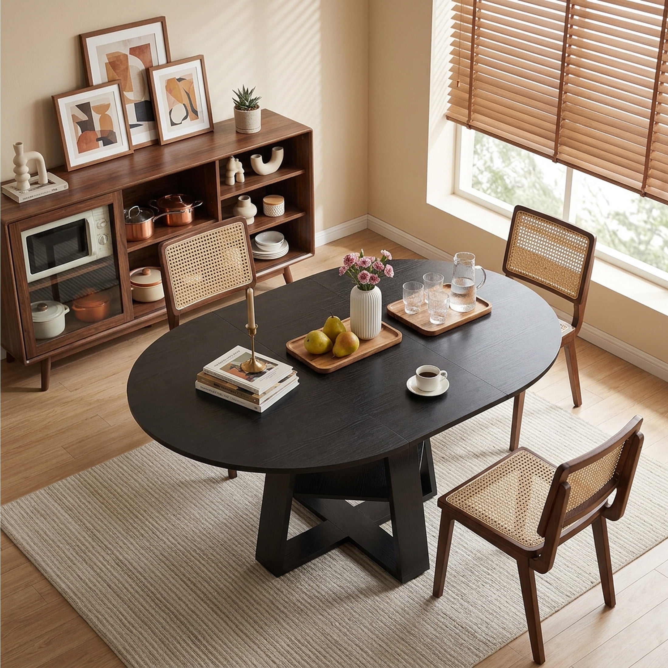 EDX 43.3″–59″ Extendable Round Dining Table for 4-8, Modern Oval Dining Table with Removable Leaves, Wooden Kitchen Table with Storage Shelf Base, Space Saving for Kitchen Living Room, Black