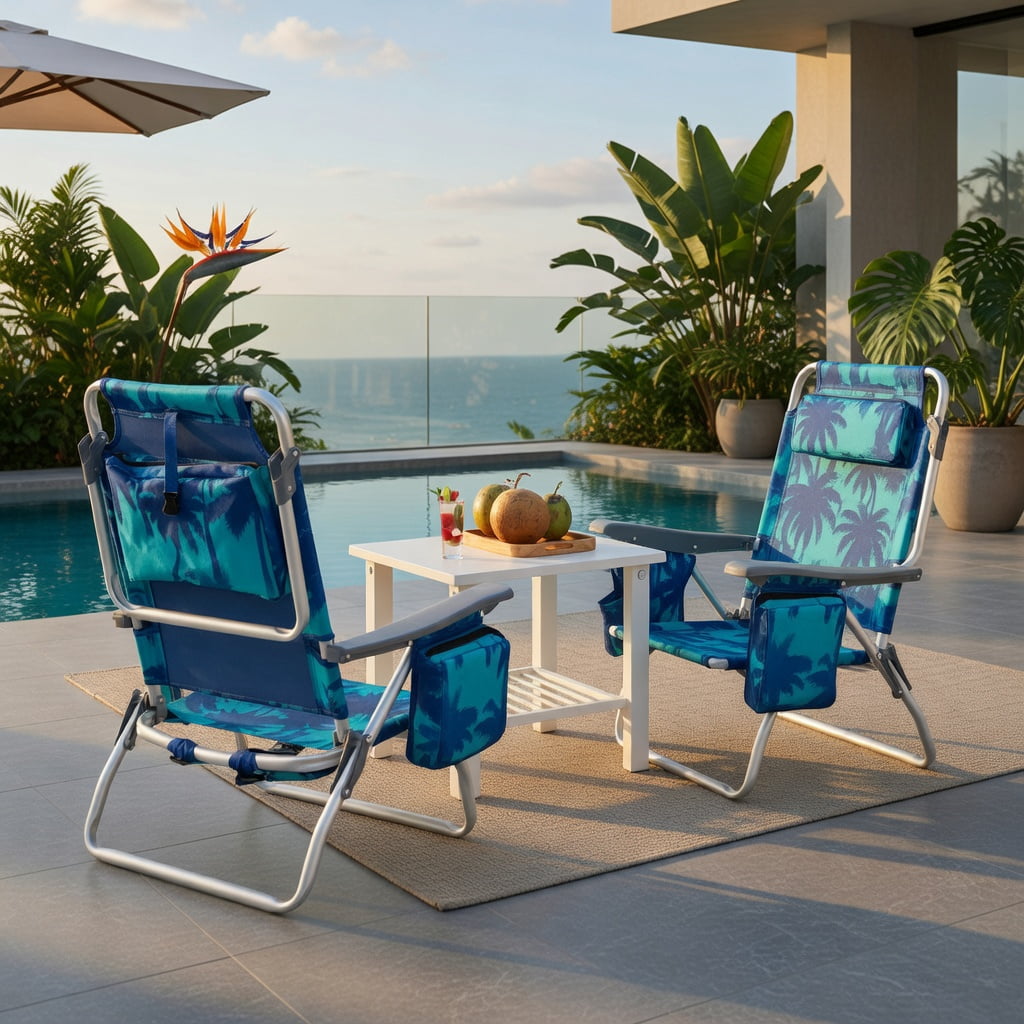 Hommoo 2-Pack Foldable Beach Chairs with Head Pillow, Adjustable Aluminum Frame, Waterproof PVC Seat, Peacock Blue
