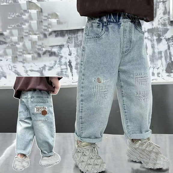 Huowey Teens Jeans Pants Straight Leg Lightweight Casual Ripped Denim Trousers Elastic Waist Fashion Comfortable Stretch Denim Long Pants With Pocket Outwear,Blue,8-9 Years