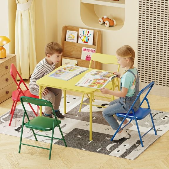 Matladin 5-Piece Kids Table and Chairs Set, Metal Frame Children's Activity Set with Easy-Fold Design, Kids Folding Table and Chairs, Multicolour