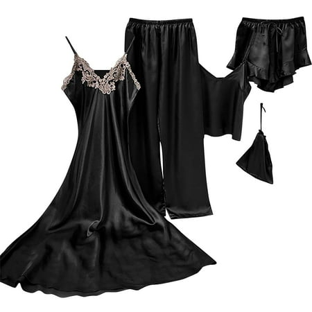Xfvqtps 5 PCS Womens Pajama Set Nightgown Sling Shorts Trousers and Storage Bag Solid Color Lace Elegant Satin Soft Comfortable Silky Nightwear Black