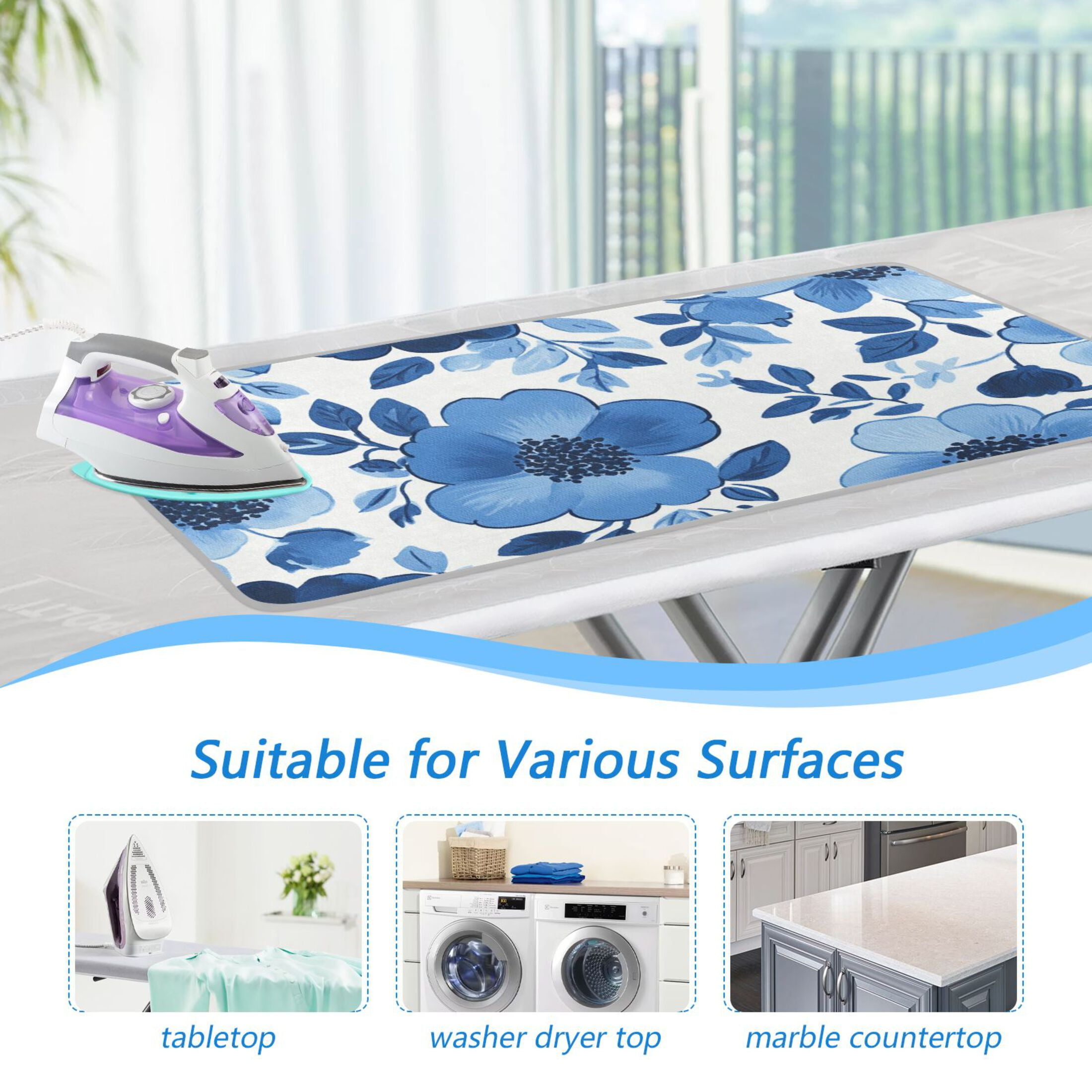 Blue Ink Flower Ironing Mat Blanket for Table Top Travel Portable Ironing Board Pad 47.2x27.6 Inch