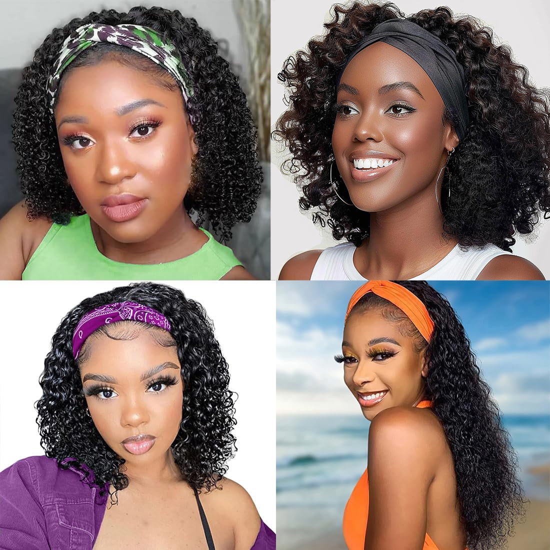 Headband Wig Human Hair 180% Density 10 Inch Deep Wave Headband Wigs Human Hair Wig Glueless Wigs Human Hair Natural Color Curly Human Hair Wigs for Black Women Human Hair None Lace Front Wigs Human H