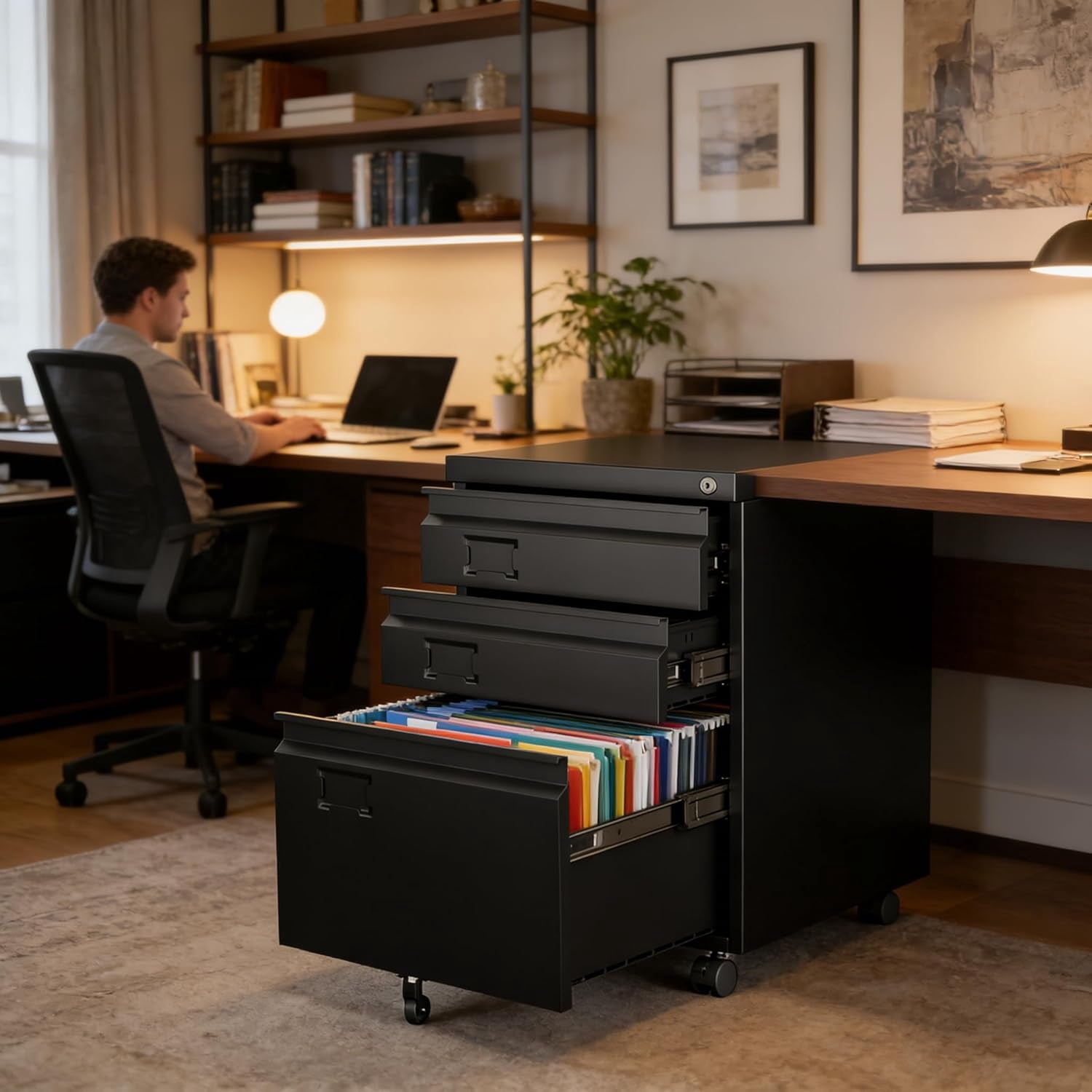 3 Drawer File Cabinet with Lock, Heavy Duty Metal Mobile Filing Cabinet for Home Office, Under Desk Storage with Name Holder, Fits Legal/Letter/A4