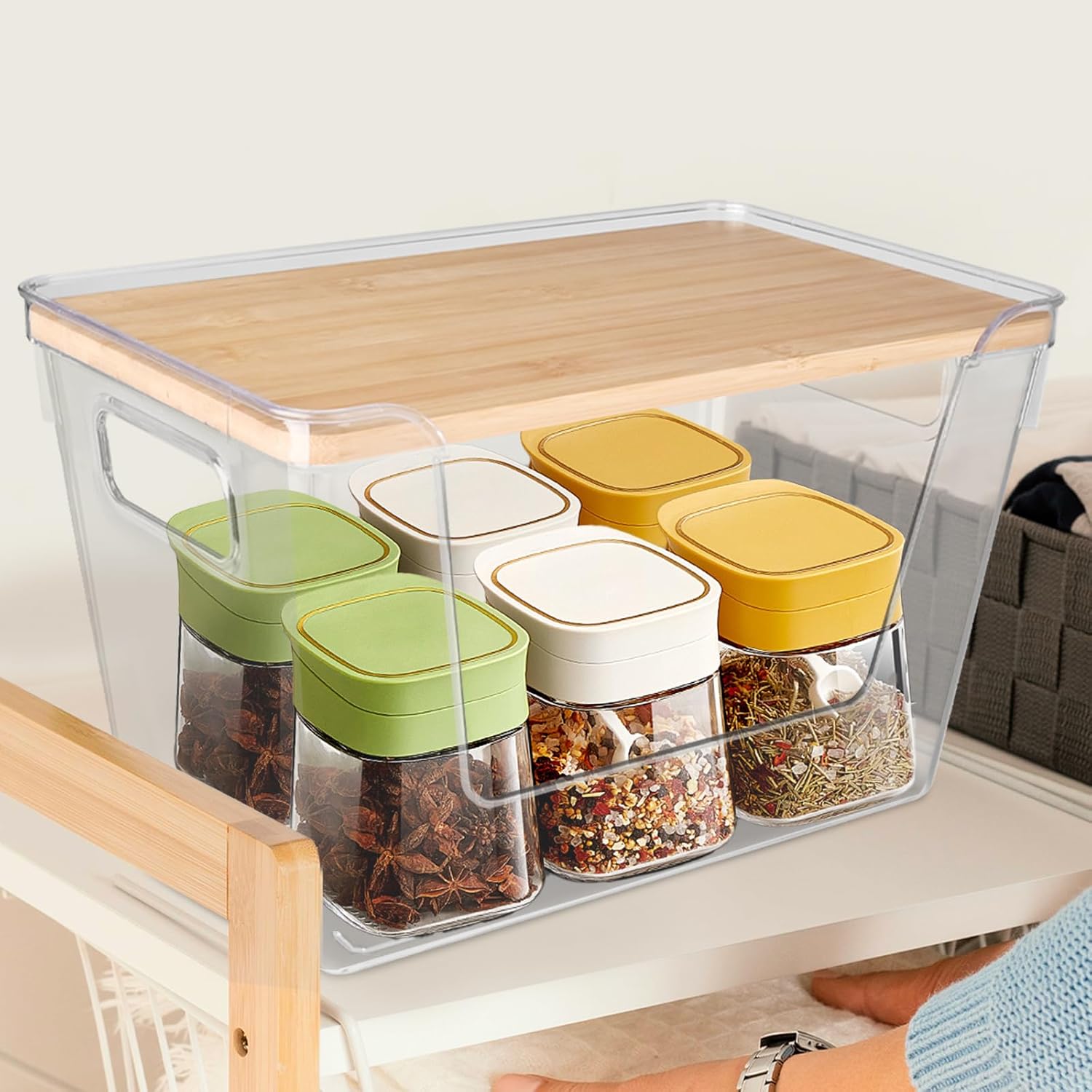2 Pack Pantry Organizers Storage for Kitchen, Storage Bins with Bamboo Lids, Large Capacity, Clear Stackable Storage Containers forHome, Cabinet, Shelf, Food Storage & Fridge Organization