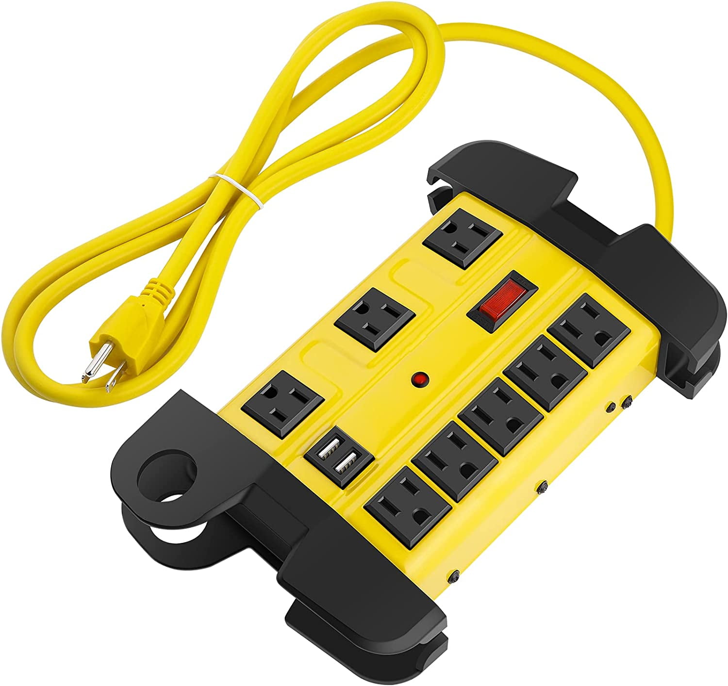 RGHJAR-Heavy Duty Power Strip with USB, Workshop 8 Outlet Surge Protector 2700 Joules, Industrial Metal 15Amp Power Strip, 6FT Extension Cord and Wide Spaced. Yellow