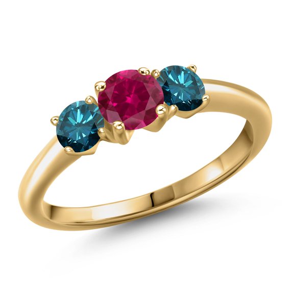 Gem Stone King 18K Yellow Gold Plated Silver Red Created Ruby and Blue Diamond Engagement Ring for Women | 1.14 Cttw | Round 5MM | Gemstone July Birthstone | Size 8