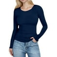 thumbnail image 3 of Women's Long Sleeve Shirts Crew Neck Stretchy Fitted Tops Ribbed Base Layer Soft Thermal Undershirts Tee Fall Fashion Thermal Shirts Navy,Size 2XL, 3 of 8