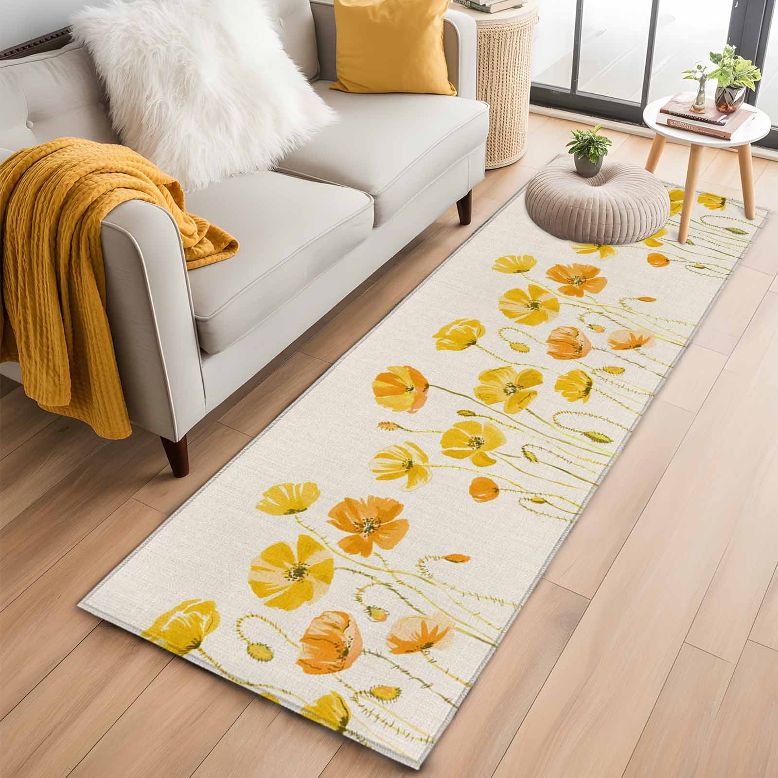 Rectangle Area Rug 2x6ft Spring Yellow Floral Petal Trunk Non-Slip Non-Shedding Floor Mat Watercolor Flower Retro Linen Washable Sturdy Carpet for Living Room Bedroom Home Decor