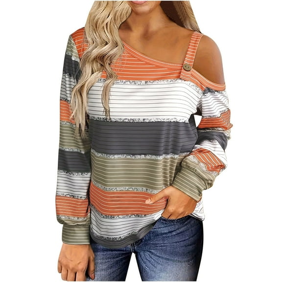 Jewelreauty Summer Womens One Shoulder Shirts Long Sleeve Patchwork Striped Tops Loose Casual Pullover Blouses (S, Orange)