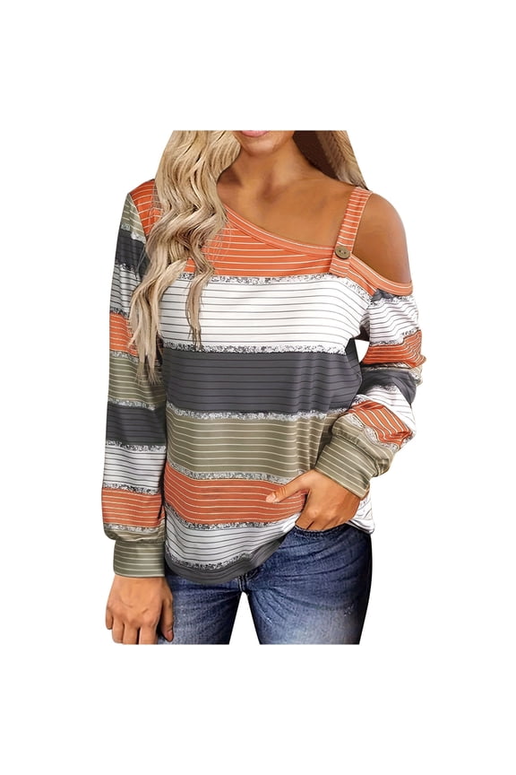 Summer Womens One Shoulder Shirts Long Sleeve Patchwork Striped Tops Loose Casual Pullover Blouses (2XL, Orange)