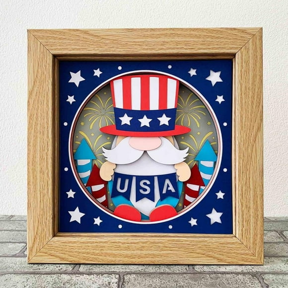4th Of July Gnome 3D Shadow Box Patriotic Gnome Silhouette Frame Display Case Independence Day Gnome Photos Memory Box For Gift Desktop Decoration