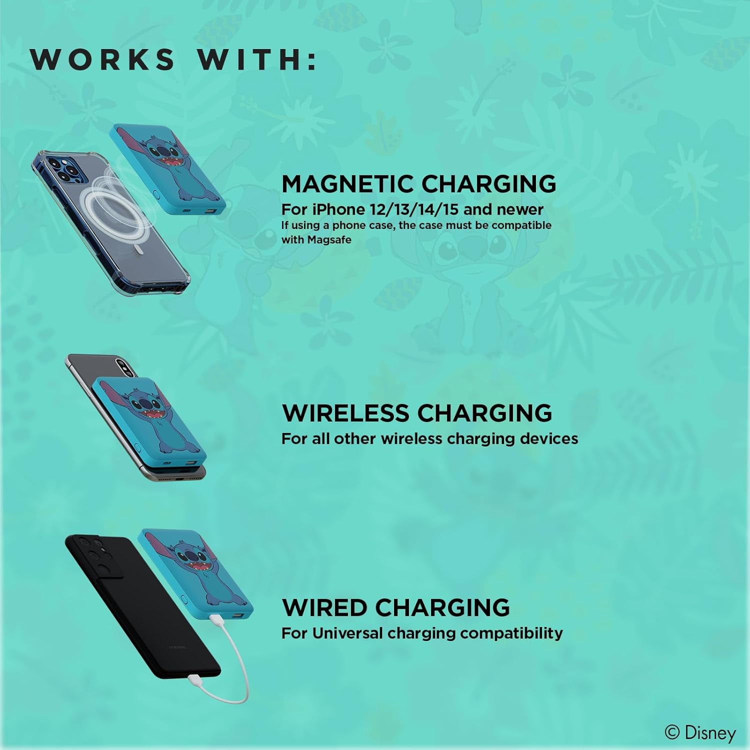 Disney Lilo and Stitch 5000mAh MagSafe Compatible Power Bank, Portable Charger with USB Option